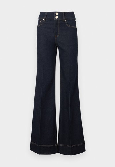Dark blue high-waist wide-leg jeans with front pockets, two visible buttons, and yellow stitching details.