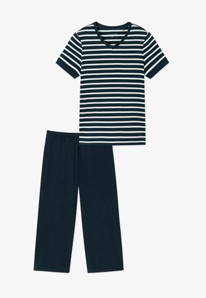 Pasiasta, krótki rękaw, koszulka z dekoltem w serek w kolorze granatowym i białym, zestawiona z jednolitymi, granatowymi spodniami na gumce. Miękka tkanina o luźnym kroju.