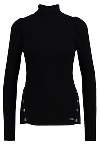 Haut noir à col roulé côtelé avec manches longues, doté de détails à boutons sur les côtés et d'une silhouette ajustée. Texture douce et matière extensible.