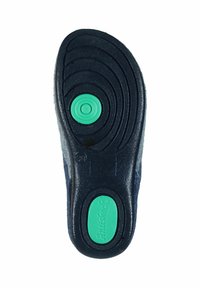 Dark blue shoe sole with textured black rubber, featuring green circular accents and a pronounced wave pattern for grip.