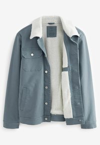 Veste bleu-gris à boutons avec doublure sherpa blanche et col, poche poitrine avec rabat et poches latérales.