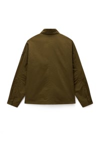 Olive green, long-sleeve jacket with buttoned cuffs, straight hem, collar, and a patch on the left sleeve, shown from the back.