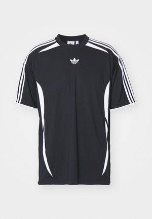 Zwarte sport T-shirt met witte zijstripes en het Adidas-logo. Heeft een ronde hals en korte mouwen, gemaakt van gladde, lichte stof.