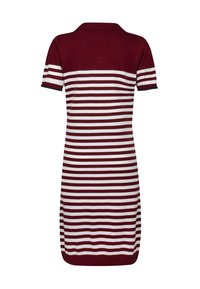 Abito polo a maglia con maniche corte, caratterizzato da strisce orizzontali bordeaux e bianche, colletto e orli a coste. Tessuto flessibile e testurizzato.