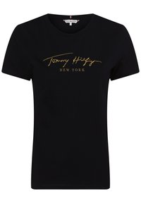 Camiseta de algodón negra con mangas cortas, que presenta el texto bordado en oro "Tommy Hilfiger NEW YORK" en el centro. Diseño de cuello redondo.