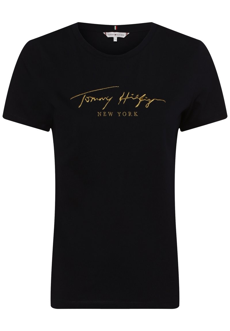 Camiseta de algodón negra con mangas cortas, que presenta el texto bordado en oro "Tommy Hilfiger NEW YORK" en el centro. Diseño de cuello redondo.