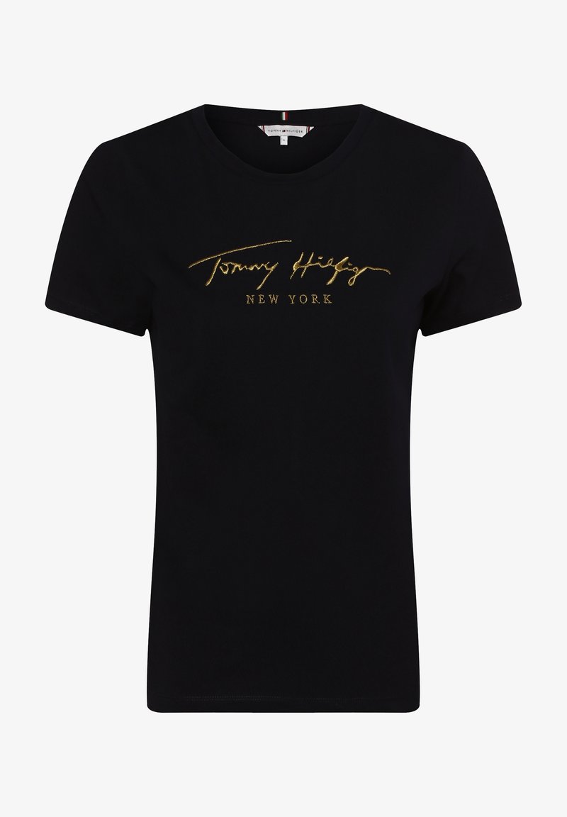 Černé bavlněné tričko s krátkým rukávem, se zlatě vyšitým nápisem "Tommy Hilfiger NEW YORK" uprostřed. Střih s crew neck.