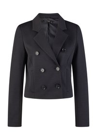 Black double-breasted blazer with notched lapels, textured fabric, and two large front buttons. Cropped design and tailored fit.