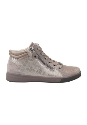 High-top sneakers made of grey leather and suede. Features a geometric pattern, side zipper, and textured accents on the heel.