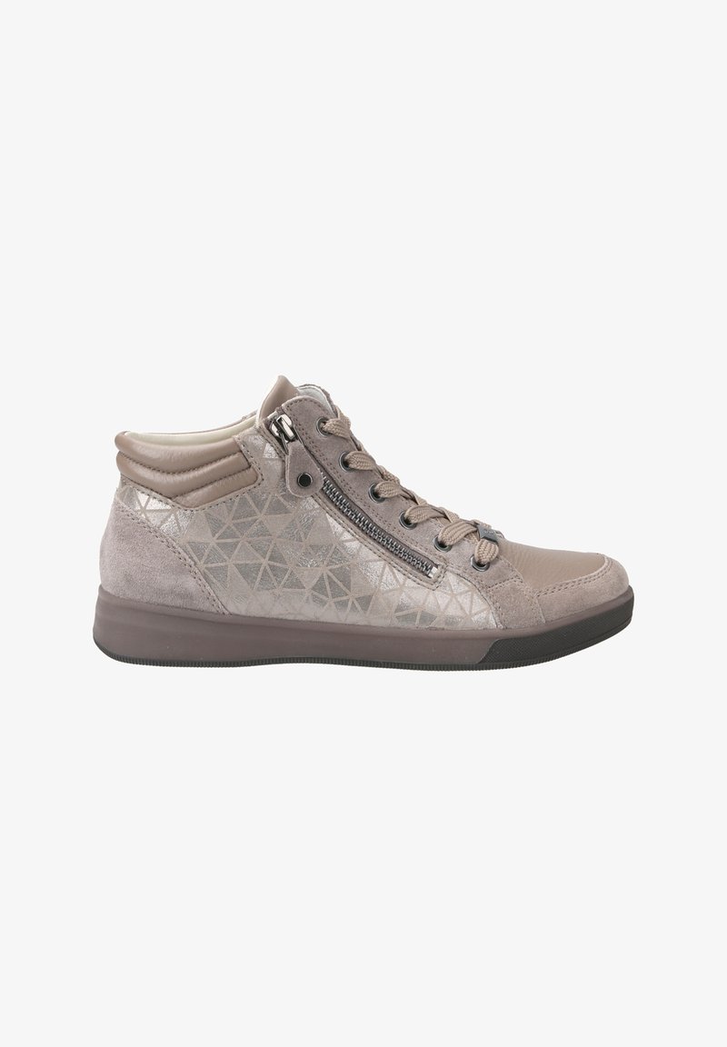 Sneakers alte realizzate in pelle e camoscio grigi. Caratterizzate da un motivo geometrico, cerniera laterale e dettagli testurizzati sul tallone.