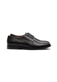 Scarpe eleganti in pelle nera, con un design raffinato, punta arrotondata, lacci frontali e una texture liscia. Hardware e dettagli minimali.