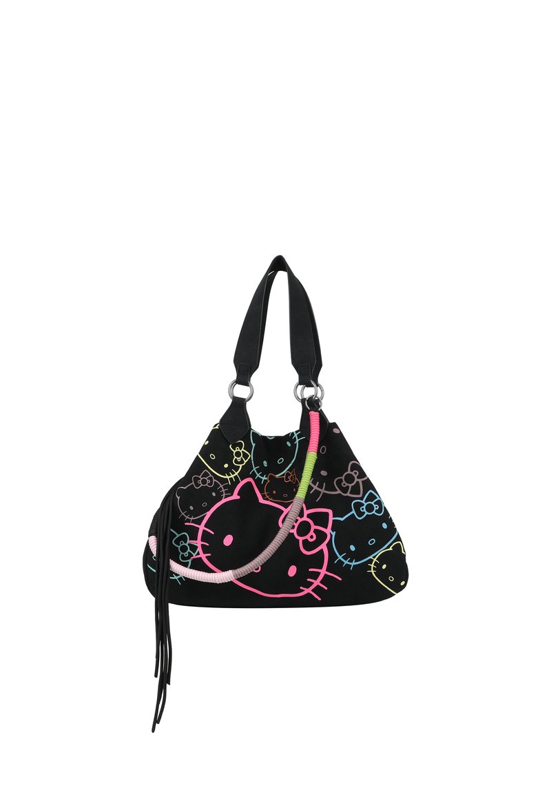 Hobo tas gemaakt van zwarte stof met een kleurrijke Hello Kitty print. Voorzien van een brede band, roze accenten en franjes.