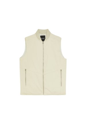 Ärmlös väst i ljusbeige, med hög krage, frontdragkedja och två sidofickor med dragkedja. Slätt, texturerat tyg med figurnära passform.