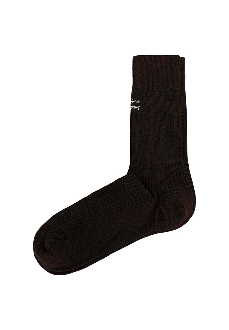 Calzino nero in materiale a coste. Presenta un design semplice con un logo ricamato vicino al bordino. Lunghezza standard con una texture liscia.