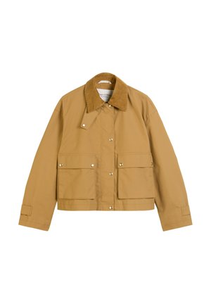 Veste beige avec un col en velours côtelé, des boutons-pression, deux poches avant et une coupe boxy. Texture lisse avec une finition durable.