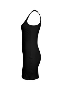 Robe débardeur noire à côtes avec une silhouette ajustée, décolleté arrondi et bretelles. Texture lisse et longueur au genou.