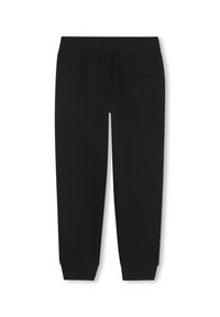 Zwarte joggingbroek van zachte stof, met een geribde tailleband en boorden, en een enkele achterzak met een subtiele naaddetail.