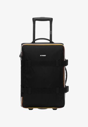 Valigia nera con manico retrattile, presenta cerniere di accento gialle e bianche, due cinghie nere e un tessuto resistente.