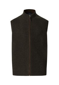 Bezramenný tmavozelený ribovaný pletený svetr s vysokým límcem a hnědým předním zipem, s texturovanou tkaninou a minimalistickým designem.