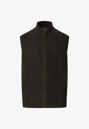 Mouwloze donkergroene geribbelde gebreide vest met een hoge kraag en een bruine ritssluiting aan de voorkant, voorzien van een gestructureerde stof en een minimalistisch ontwerp.