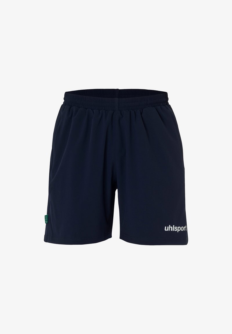 Shorts de sport navy avec une taille élastique. Caractéristiques : poches latérales et logo blanc sur la jambe inférieure droite. Tissu léger.