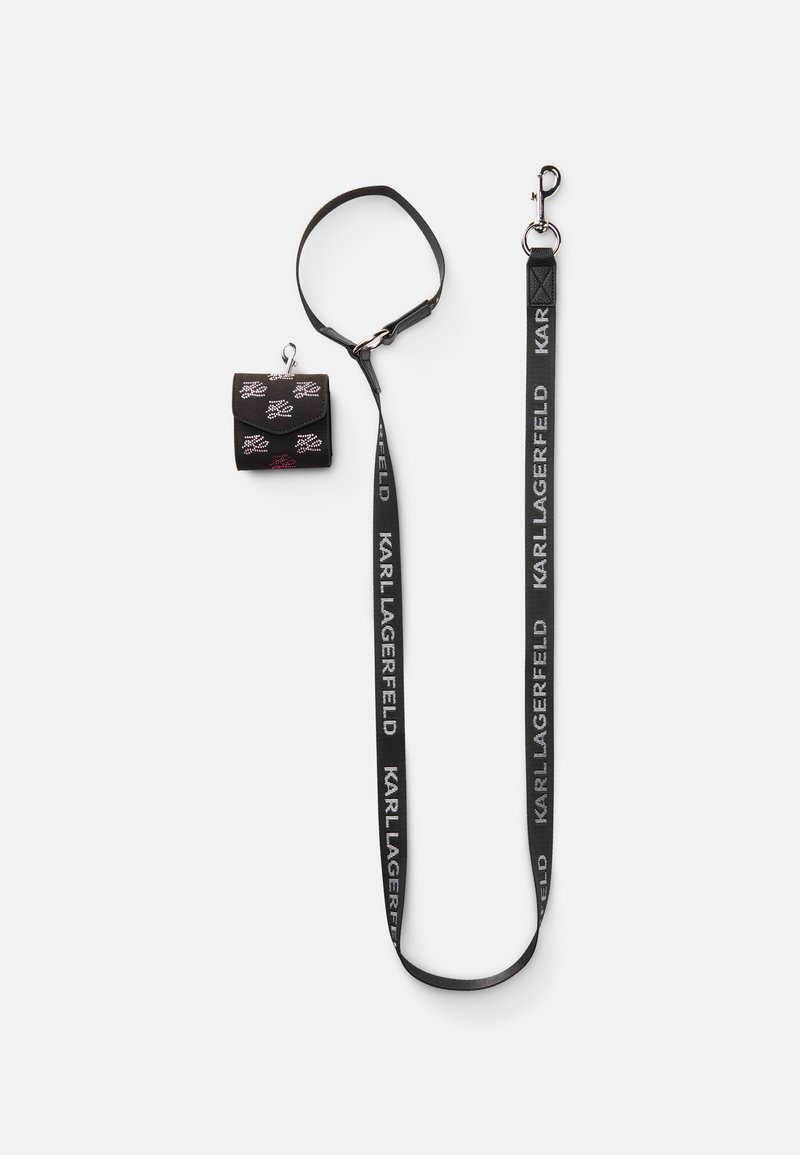 Black woven pet leash with metal clasp, attached small black pouch decorated with white and pink cat face patterns.