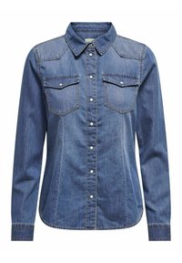 Denim-Hemd mit langen Ärmeln, Knöpfen und zwei Brusttaschen, ausgestattet mit Perlen-Druckknöpfen, klassischem Kragen und taillierter Passform.