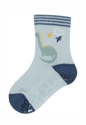 Light blue toddler sock with dark blue heel and toe, featuring a green dinosaur, two flying creatures, and a white cloud pattern.