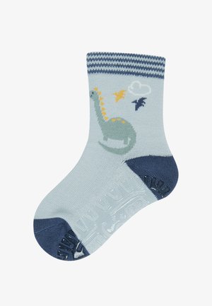 Light blue toddler sock with dark blue heel and toe, featuring a green dinosaur, two flying creatures, and a white cloud pattern.