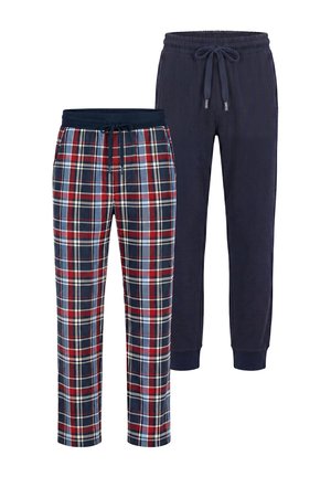 To par herre pyjamasbukser, den ene i marineblå med snøre og manchetter, den anden med rød, hvid og blå ternet mønster og snøre i taljen.