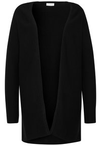 Svart cardigan med en avslappnad passform, öppen fram, ribbad textur och lång ärm. Inga knäppningar; mjukt, lätt tyg.