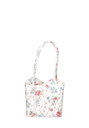 Tasche mit Blumenmuster aus weißem Kunstleder, mit zwei Tragegriffen, einem Reißverschlussverschluss und einer strukturierten, rechteckigen Form.