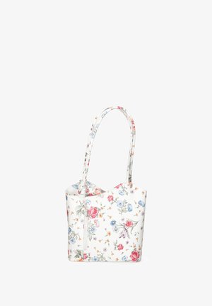 Sac fourre-tout à motifs floraux en simili cuir blanc, doté de deux poignées, d'une fermeture éclair et d'une forme rectangulaire structurée.