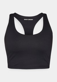 Fekete sportmelltartó sima textúrával, széles pántokkal és kivágással a háton. Az nyaknál „DKNY SPORT” ezüst színű logó található.