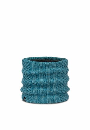 Calentador de cuello tejido azul con patrón acanalado vertical y pequeña etiqueta negra con logo sobre fondo blanco.