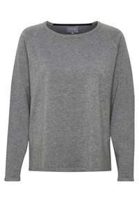 Grå långärmad sweatshirt gjord av mjukt tyg. Har en rund halsringning och raglanärmar med subtil textur, utan synliga mönster eller accentuerande detaljer.