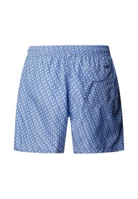 Short de bain bleu et blanc à motif géométrique, taille élastique et poche arrière avec fermeture par bouton.