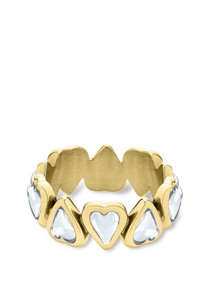 Gold ring featuring alternating heart-shaped clear gemstones set around the band, with a smooth polished inner surface.