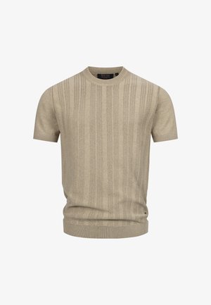 Beige, rövid ujjú kötött pulóver váltakozó bordázott és mintás textúrával, kerek nyakkal és testhezálló aljjal.