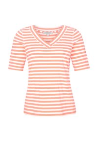 Camiseta de cuello en V a rayas en color coral y blanco, hecha de algodón suave, con mangas cortas y un ajuste relajado, además de una textura lisa.