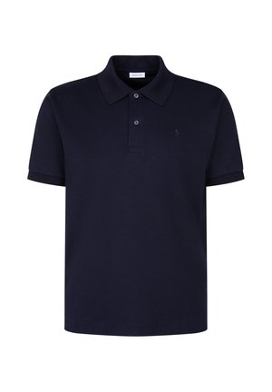 Marineblauw poloshirt met korte mouwen, een kraag met twee knopen en een subtiel geborduurd rozenlogo op de linkerborst.