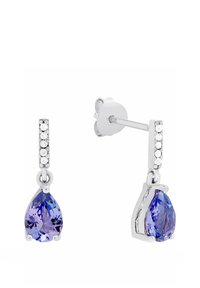 Örhängen i sterling silver med droppformade lila ädelstenar som hänger under en rad små klara stenar.
