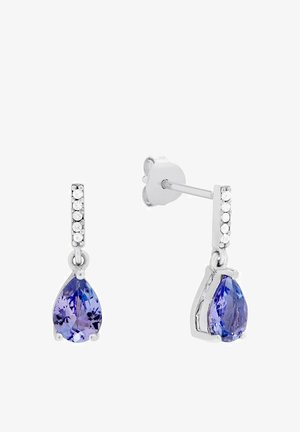 Boucles d'oreilles pendantes en argent sterling avec une pierre précieuse violette en forme de poire suspendue sous une rangée de petites pierres transparentes.