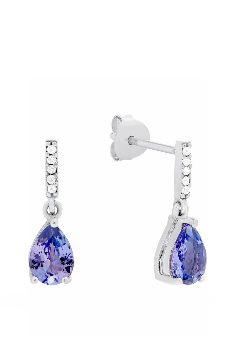 Örhängen i sterling silver med droppformade lila ädelstenar som hänger under en rad små klara stenar.
