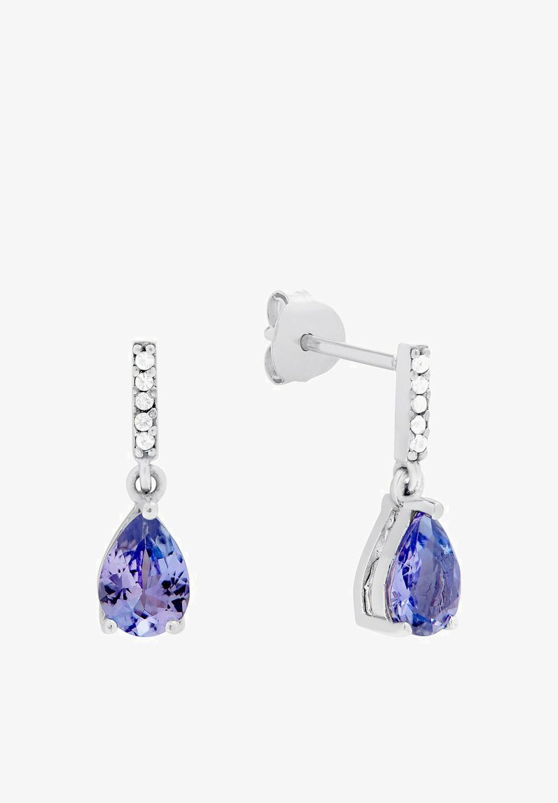 Orecchini a goccia in argento sterling con una pietra preziosa viola a forma di pera sospesa sotto una fila di piccole pietre trasparenti.