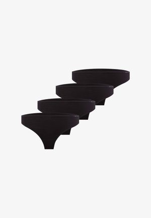 Vier schwarze Baumwoll-String-Unterwäscheteile in einer diagonalen Reihe auf weißem Hintergrund angeordnet.