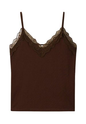 Camisole marron à fines bretelles avec bordure en dentelle le long de l'encolure en V et des bords supérieurs, présentée sur un fond blanc uni.