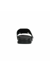 Black sandals featuring a back strap, smooth texture, flat sole, and minimalist design. Reinforced edges with a flexible construction.