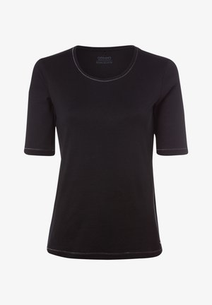 Zwart T-shirt met korte mouwen van biologisch katoen. Bevat een ronde halslijn met contrasterende stiksels en een subtiele merklogo aan de zoom.