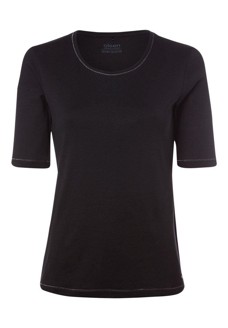 Schwarzes T-Shirt mit kurzen Ärmeln aus Bio-Baumwolle. Verfügt über einen runden Halsausschnitt mit kontrastierenden Nähten und einem dezenten Markenlogo am Saum.